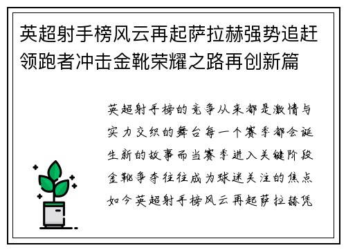 英超射手榜风云再起萨拉赫强势追赶领跑者冲击金靴荣耀之路再创新篇